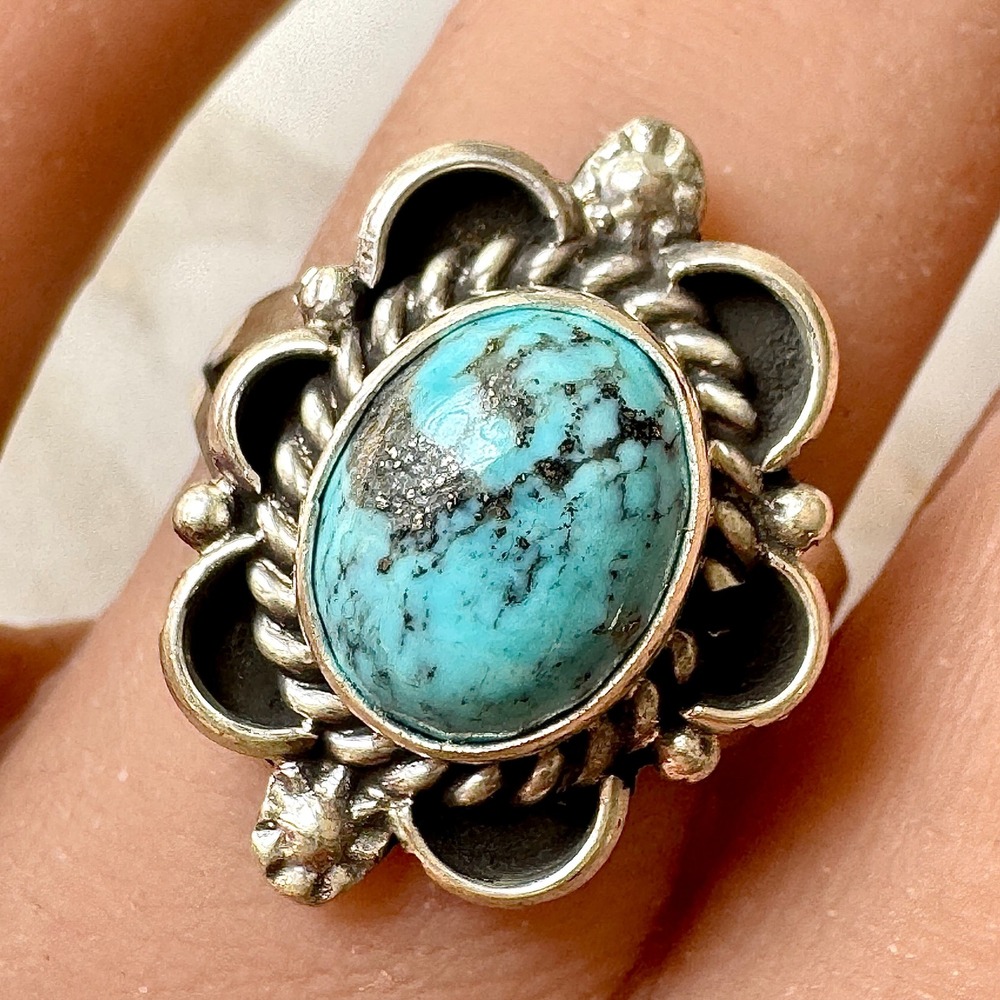 Navajo Flower Ring Turquoise Sz 7.5 Sterling Silver Signed‎ Morgan Native Amer